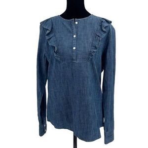 1901 Womens Chambray Ruffled Long Sleeve Blouse Blue Size Small‎